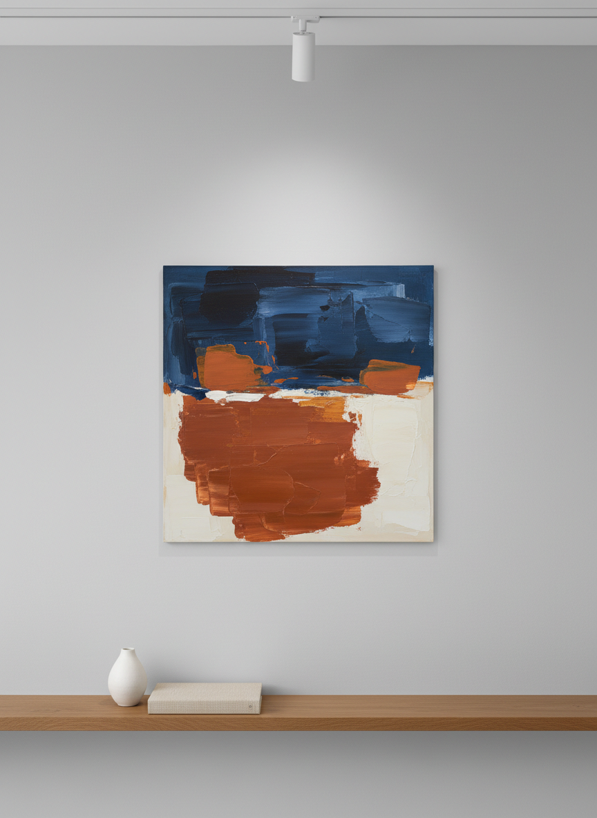 A single, square hand-painted artwork by Teodora featuring a minimalist abstract composition in deep indigo, warm terracotta, and muted cream, with visible brushstrokes and layered acrylic texture. The painting hangs centered on a smooth, light gray gallery wall above a slim, natural oak shelf holding a small white ceramic vase and a closed linen-covered art book. Soft studio lighting from an overhead track casts even illumination on the painting, with a faint shadow falling beneath the shelf. The photographic image is shot straight-on at eye level, emphasizing clean lines, negative space, and professional presentation, with a calm, sophisticated atmosphere perfect for a portfolio hero section.
