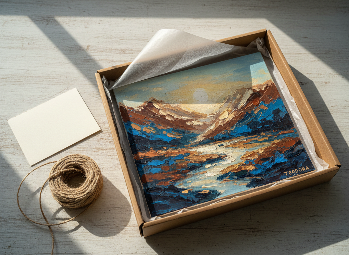 An elegant close-up of a finished painting by Teodora wrapped in delicate, semi-transparent glassine paper, partially peeled back to reveal a richly colored abstract landscape in burnt sienna, ultramarine, and pale gold. The artwork rests in a shallow, custom cardboard shipping box on a pale wooden surface. Beside it lies a small, blank, cream-colored thank-you card and a neatly coiled length of natural jute twine. Soft, natural morning light streams from the right, creating gentle shadows and highlighting the textures of paper, cardboard, and paint. Captured from a top-down, slightly angled perspective in photographic realism, the mood is professional, warm, and crafted, ideal for illustrating the care in packaging sold pieces.