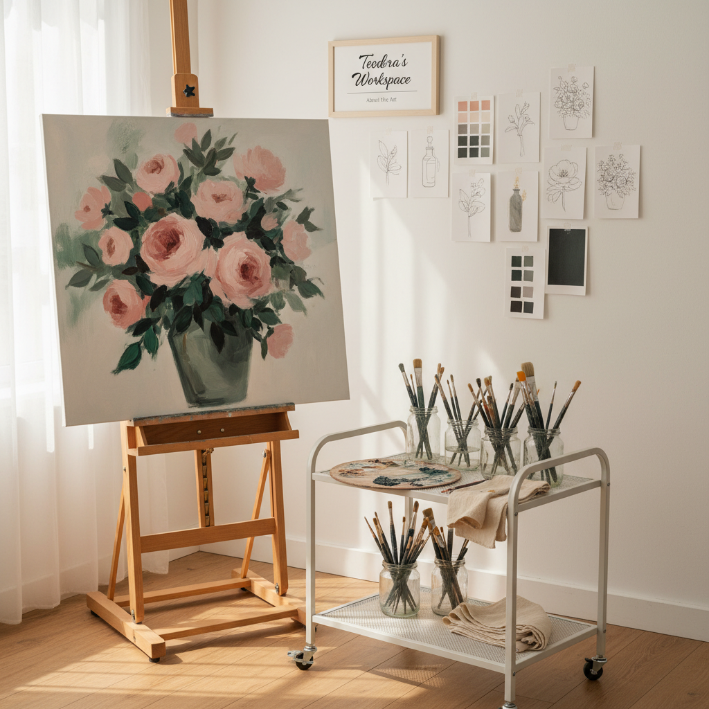A refined studio corner showcasing Teodora’s workspace: a sturdy, light wood easel holds a partially completed large canvas featuring an expressive, semi-abstract floral scene in blush pinks, forest greens, and smoky grays. At the base of the easel, a low, white cart neatly organizes glass jars of brushes, a ceramic palette with blended colors, and folded cotton rags. The background is a white wall dotted with neatly pinned miniature sketches and color swatches. Late afternoon natural light streams in from the left, casting elongated shadows and a warm glow across the scene. Photographic realism from a slightly elevated, three-quarter angle creates a professional yet quietly creative atmosphere for an “About the Art” section.