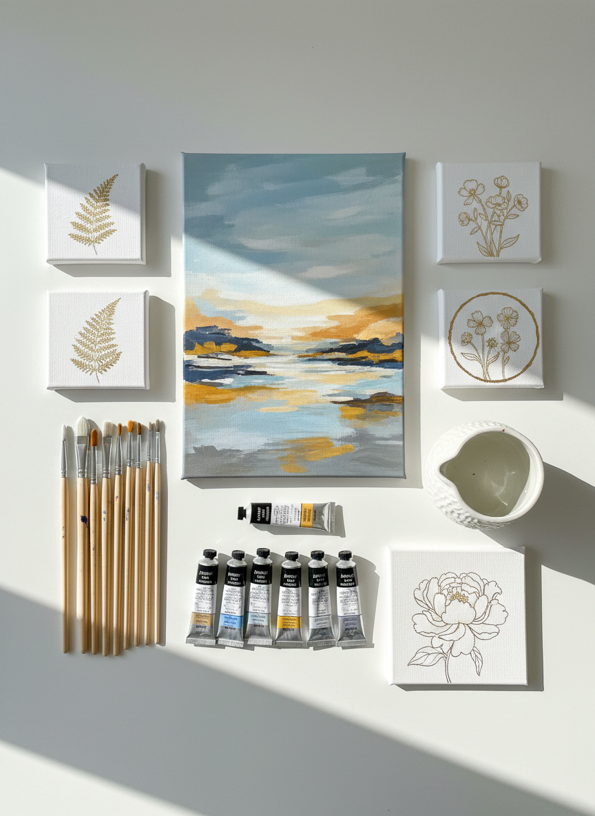 A meticulously arranged flat lay of Teodora’s hand-painted canvases, featuring a medium-sized abstract landscape in soft blues and ochres as the focal point. Around it, smaller canvases with botanical motifs and delicate gold accents rest on a clean, matte white tabletop. High-quality brushes, neatly aligned paint tubes with subtle traces of color, and a porcelain water jar complete the composition. Soft, diffused daylight from an unseen window washes over the scene, creating gentle, natural shadows and crisp highlights on the textured canvas surfaces. Photographic realism with a clean, modern, professional mood, shot from a true bird’s-eye view with sharp focus across the frame, evoking an elegant online gallery introduction image.
